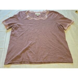 Casual Corner Annex Woman 1X Top Mauve Pink Lace Trim Short Sleeve‎ Knit